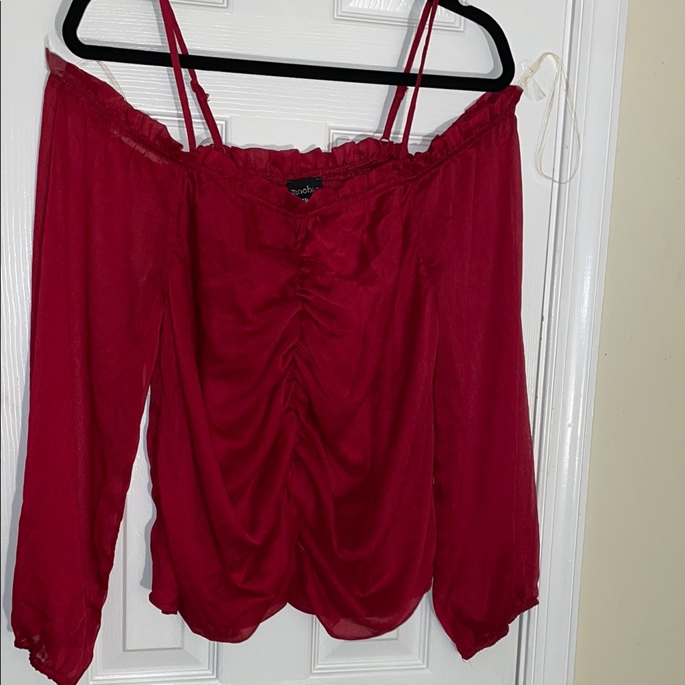 Zenobia Burgundy Chiffon Strappy Off-Shoulder Blouse with Smocked Back XL